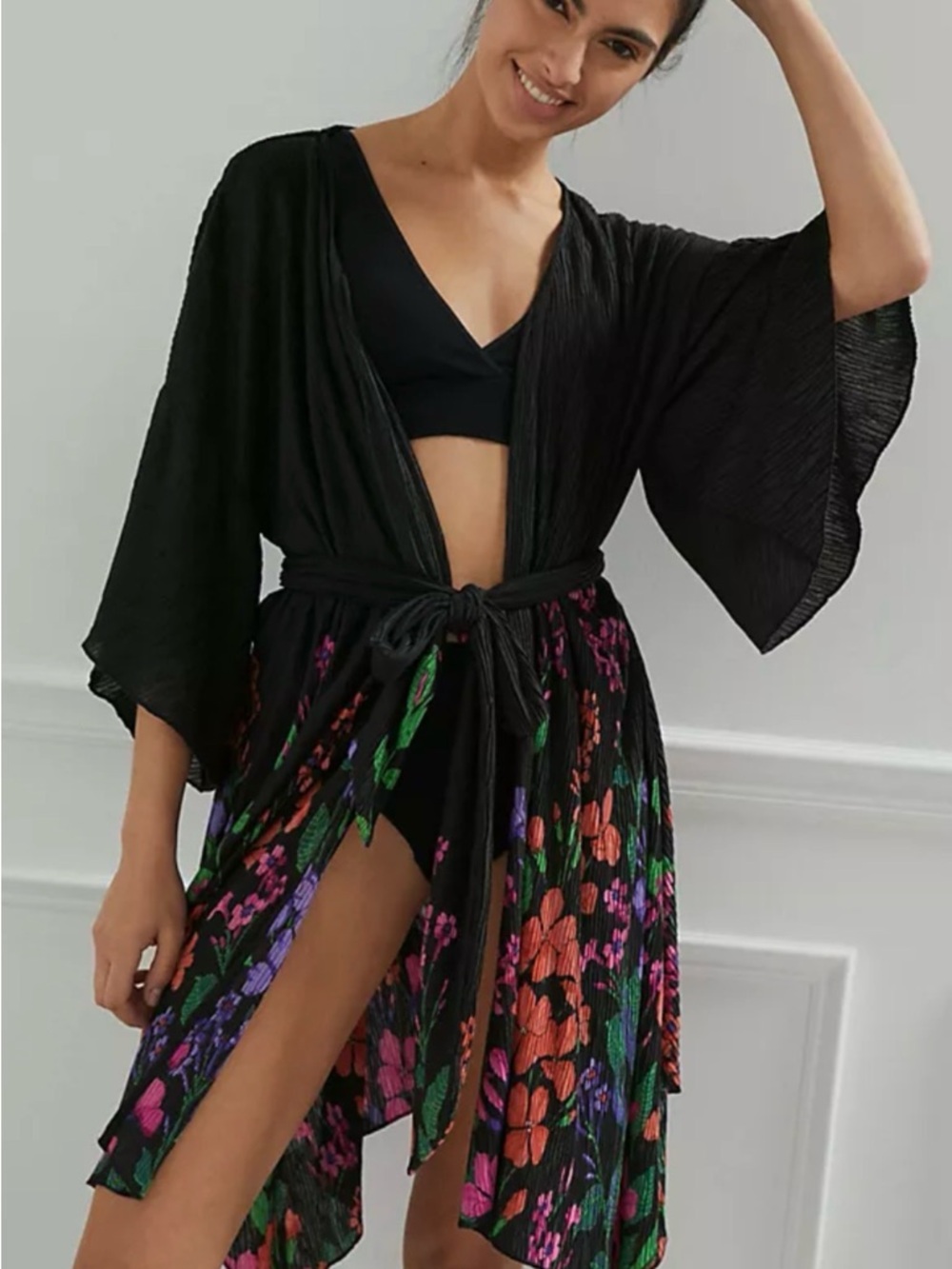 Black Floral Tie-Waist Kimono Robe
